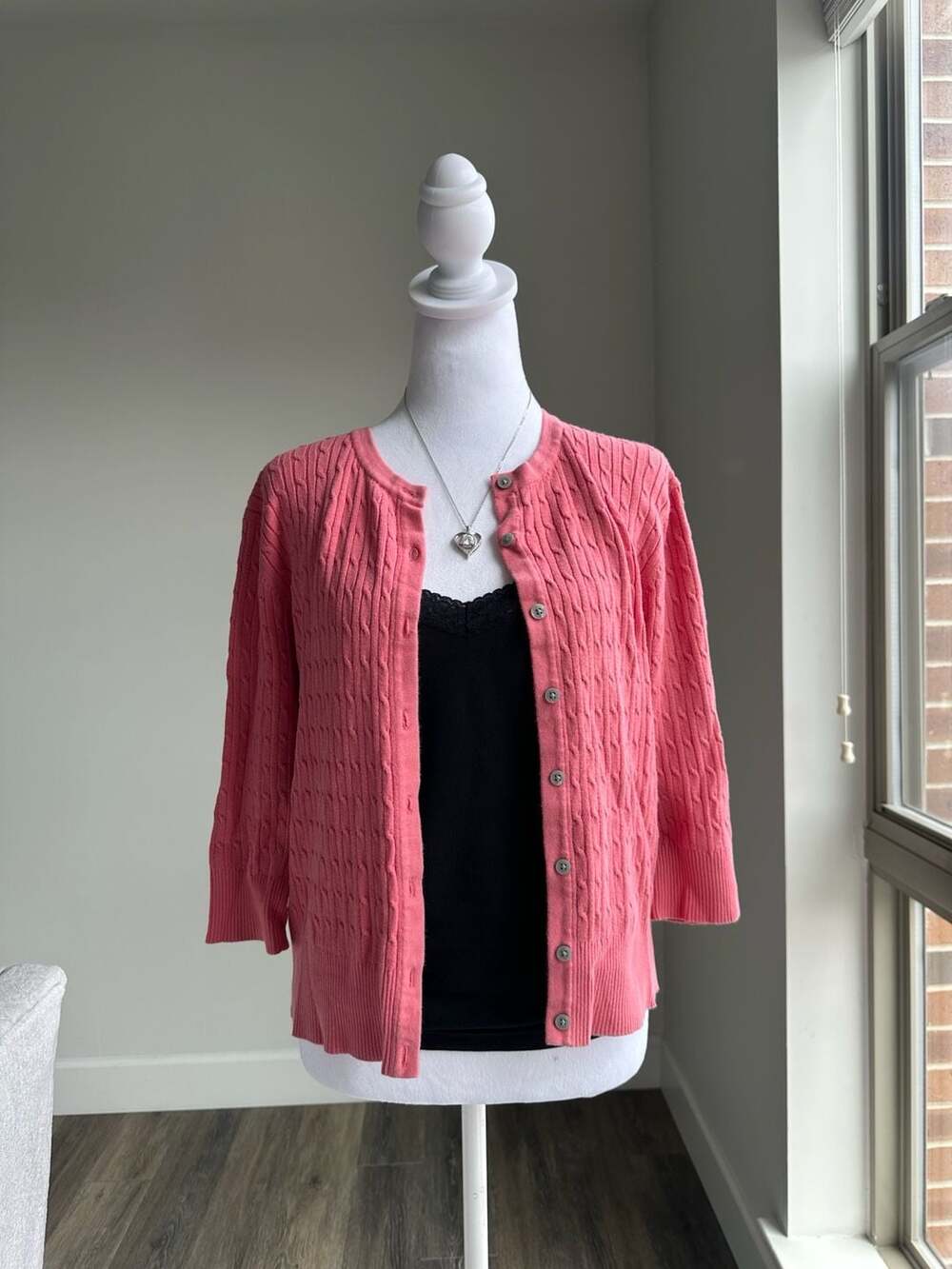 Merona Coral Pink Cable Knit Crewneck Cardigan Sweater M